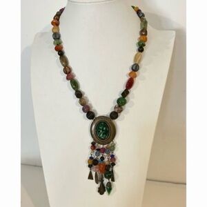 Vintage early 1900s beaded pendant Necklace 18" Colorful Boho